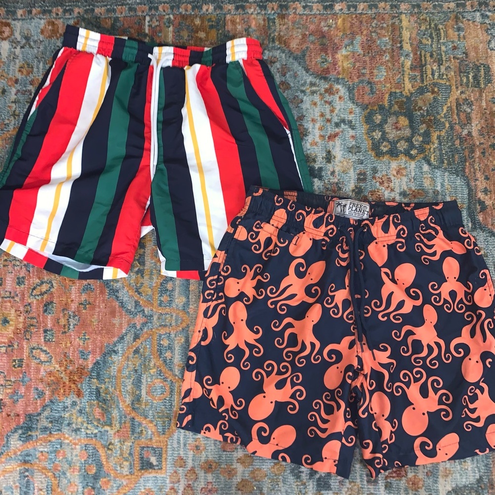 Forever 21 and Free Planet Mens Swim Trunks Striped and Octopus Small